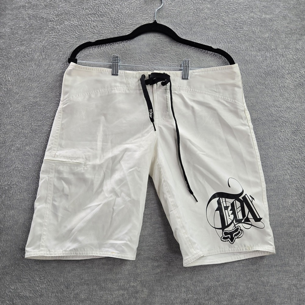 Fox Men Swimwear S White Board‎ Shorts Logo Script Surf Activewear Drawsstring
